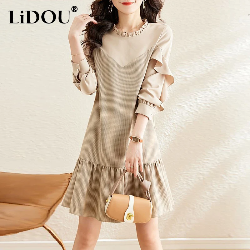 

Spring Autumn Ruffles Collar Elegant Fashion A-line Mini Dress Ladies Long Sleeve Loose Casual Vintage Plaid Vestido Women Robe
