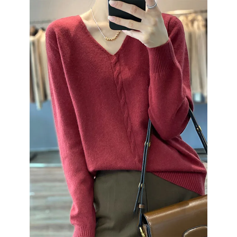 

100% Pure Wool Cashmere Sweater Women's V-Neck Pullover 2022 Autumn and Winter New Casual Knitted Bottoming Shirt Tops
