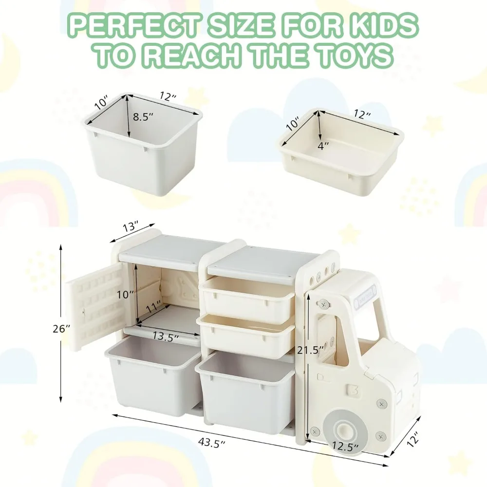Toy Storage Organizer, Toy Shelf with with 2 Removable Toy Bins, 2 Pull-Out Drawers, Enclosed Cabinet, Kids Bookshelf 3