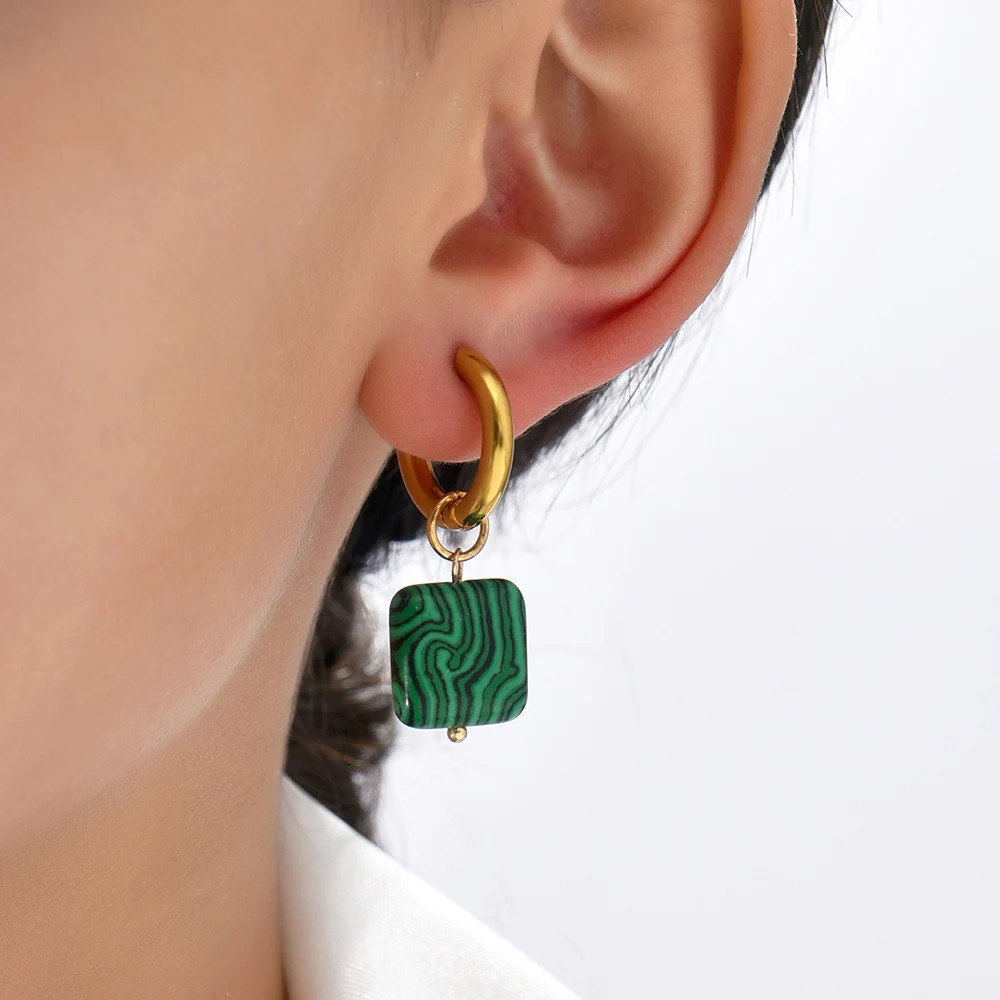 Multicolor Natural Stone Geometric Square Heart Beads Earring for Women Girls Stainless Steel Small Round Hoops Bohemia Jewelry