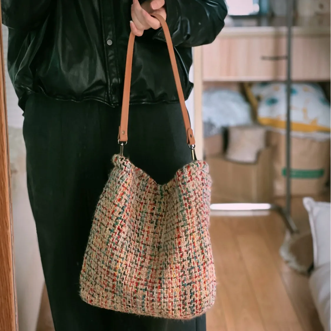 Wool Knitted Shoulder Shopping Bag for Women Vintage Cotton Cloth Girls Tote Shopper Bag Large Female Handbag Crochet Bag