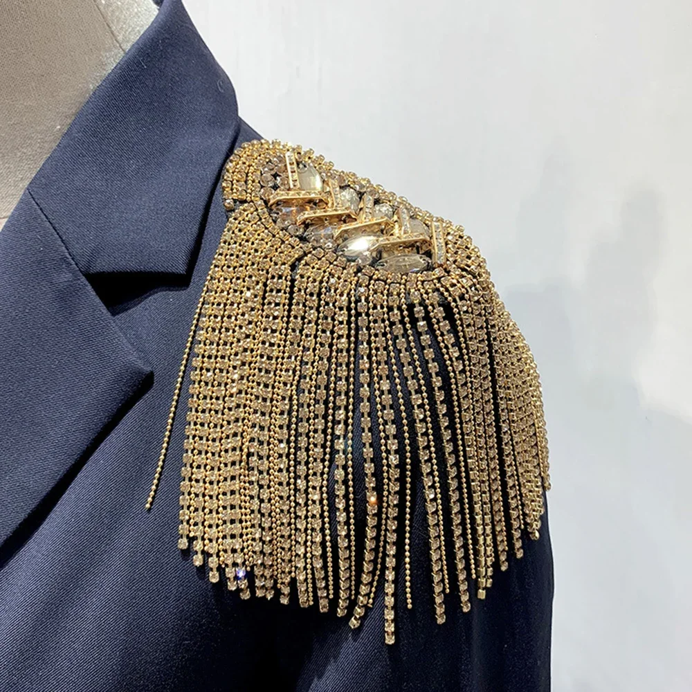 Shoulder Jewelry Tassel Rhinestones Epaulettes Gold Silver Brooch Epaulet Shoulder Brooches