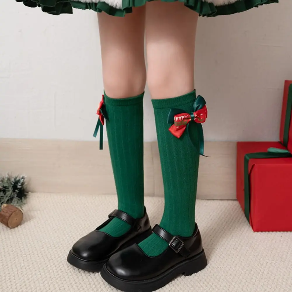 Casual Middle Tube New Year Red Socks Cotton Thicken Bow Hosiery for Kids Green Sweet Children Long Socks Autumn
