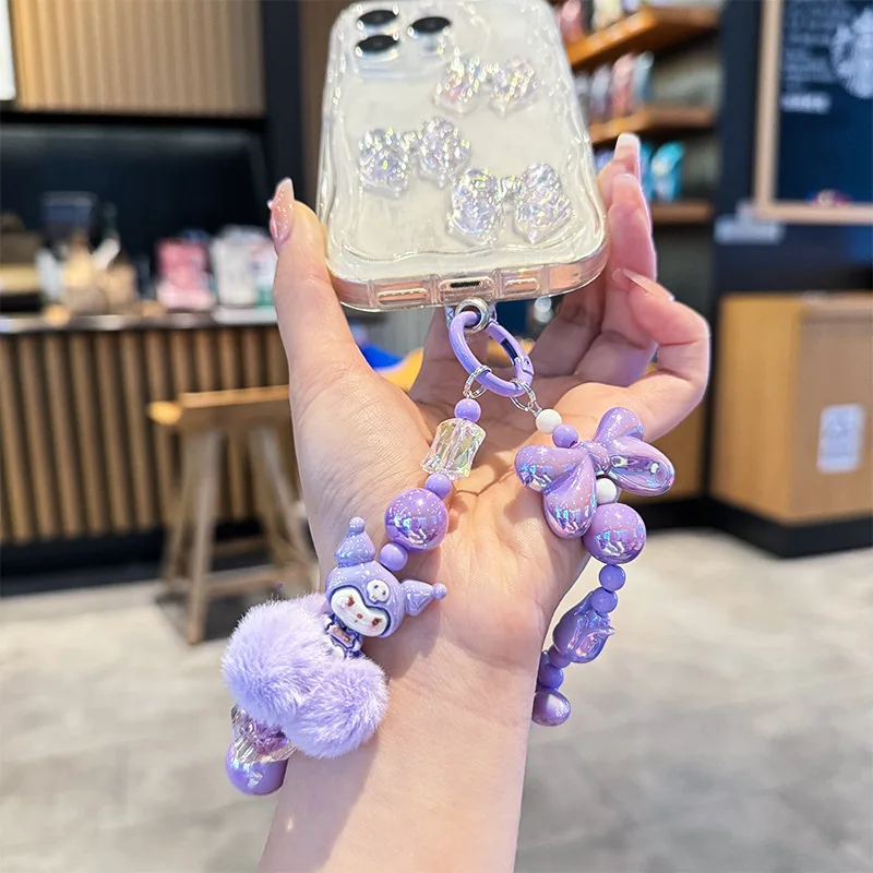 Sanrio 헬로 키티 멜로디 헤어볼 전화 체인 카메라 펜던트 Kuromi 손으로 그린 ??파란색 카와이 팔찌 키 체인