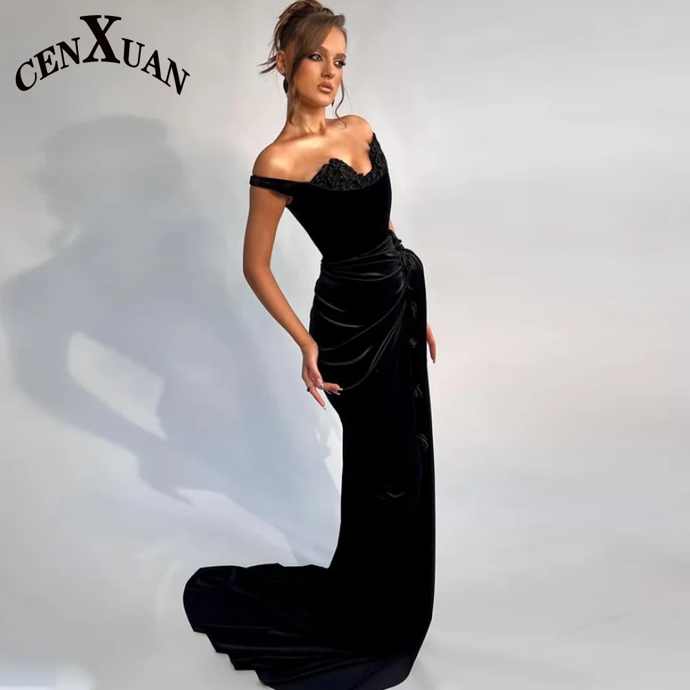 CENXUAN Vintage 3D Flowers Celebrity Dresses for Women Velvet Off the Shoulder Wedding Party Dress Vestidos De Gala Customized