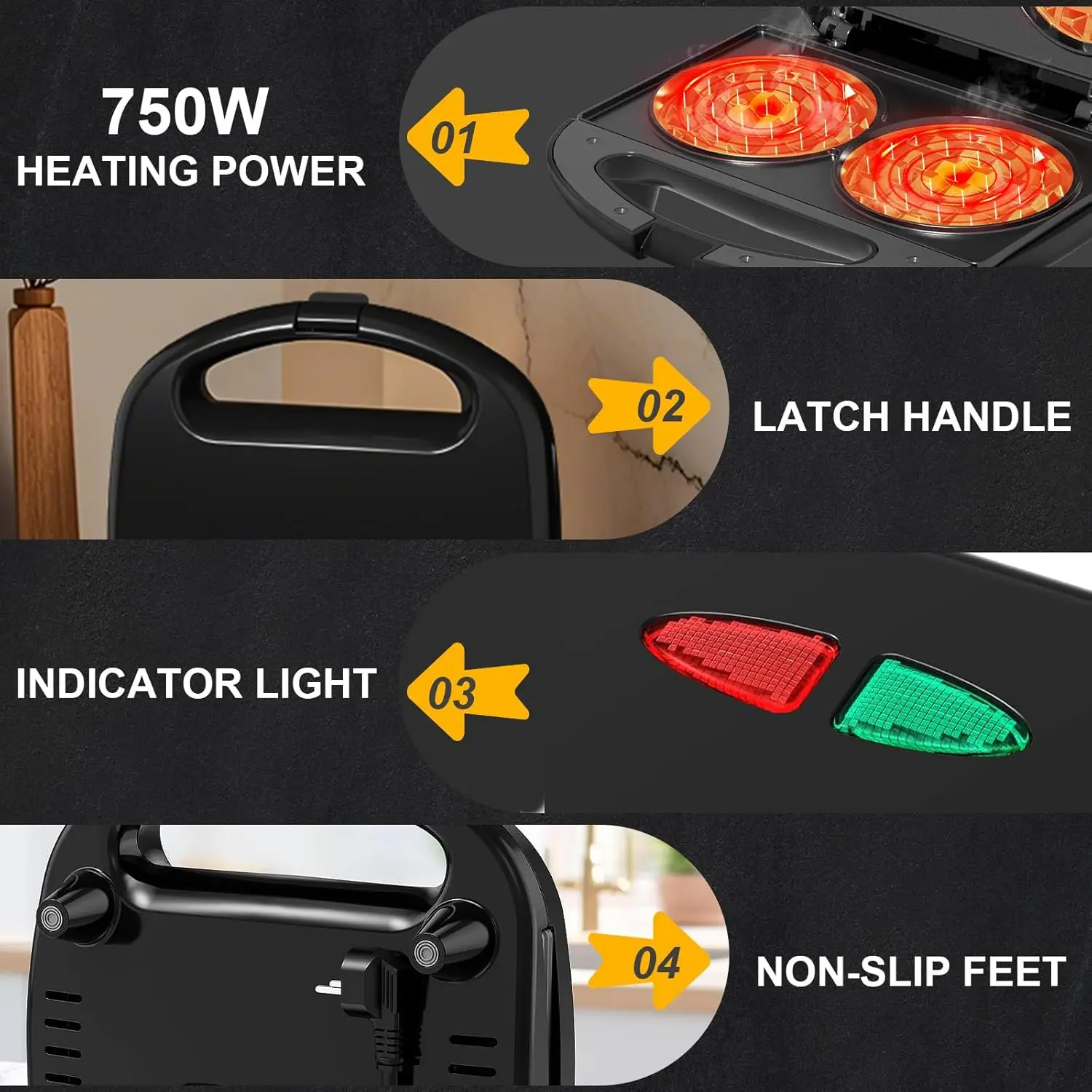 3-in-1 Sandwich Maker with Removable Plates, Panini Press, Waffle Maker, Non-Stick, 750W Compact Breakfast Grill for Sandwiches, Waffles, Steak, Black 3