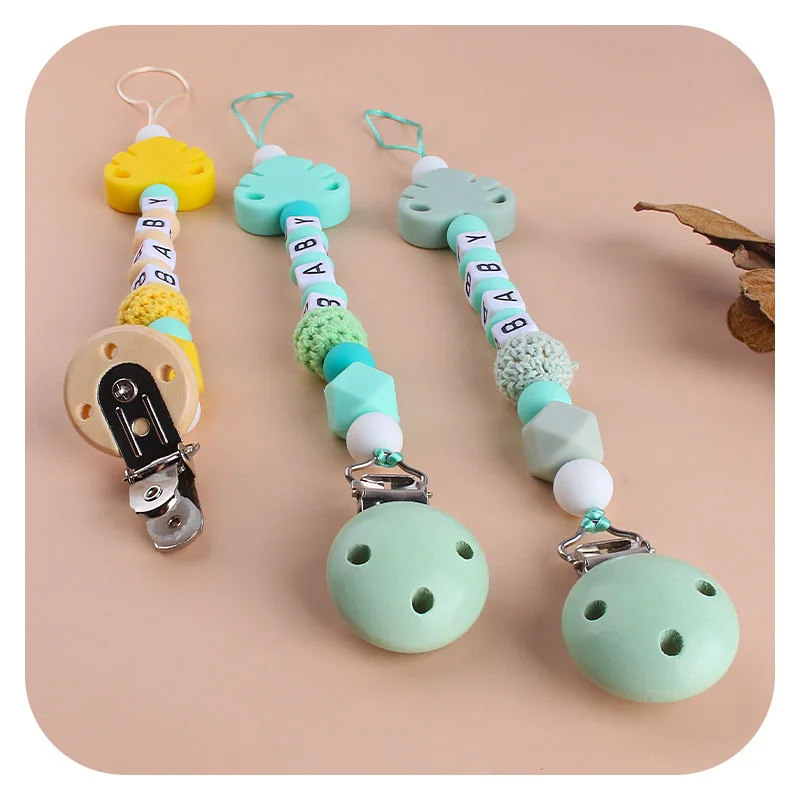 Baby Pacifier Clips Chain Silicone Leaf Beads Teether Toys Dummy Holder English Name Pacifier Chain Gift Customized Name 3