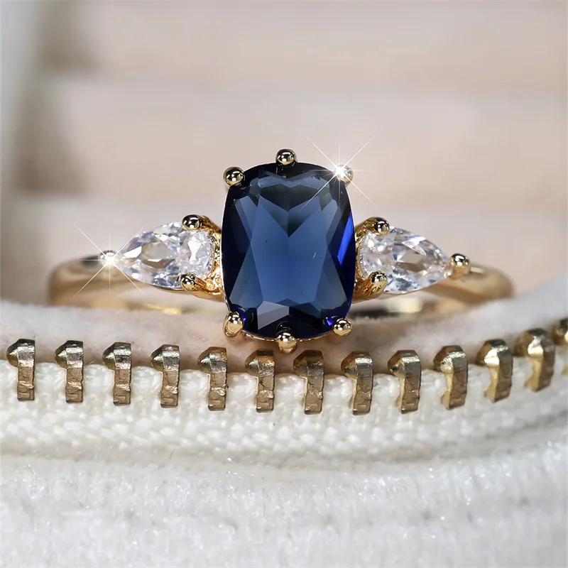 Royal Blue Stone Square Wedding Bands Gold Color Metal Minimalist