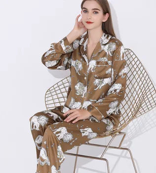 Navy Lion 100% Pure Silk Pajamas Print Women Pyjamas Long Sleeve Trousers Mulberry Silk Sleepwear Two-piece Home Service Pijamas