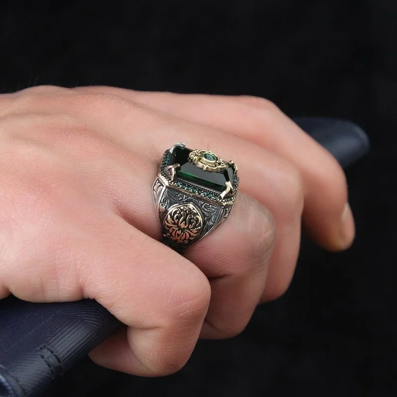 Signet Ring Retro Handmade Turkish for Men Vintage Silver Color Carving Pattern Inlay Green Zircon Party Punk Motor Biker