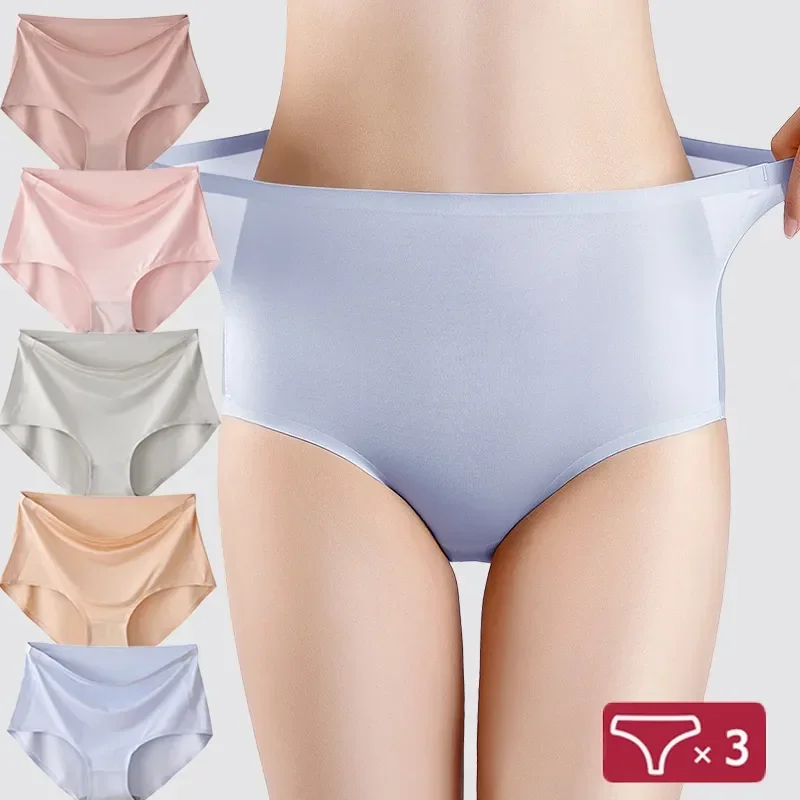 

Solid Breathable Waist Ladies Underwear Ice Plus Briefs Size Underpants Silk Panties 3pcs/set Stretchy High Seamless Women High