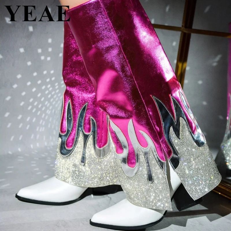 

New Women Rhinestone Knee High Boots Crystal Pointed Toe Long Boots Chunky High Heels Slip On Shoes Woman Autumn Botas Mujer