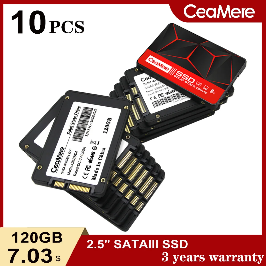 Ceamere-内蔵ハードディスクsata,SSD 120GB,2.5  GB,128GB,240GB,256GB,480GB,512GB,無料のカスタムロゴ付き10個