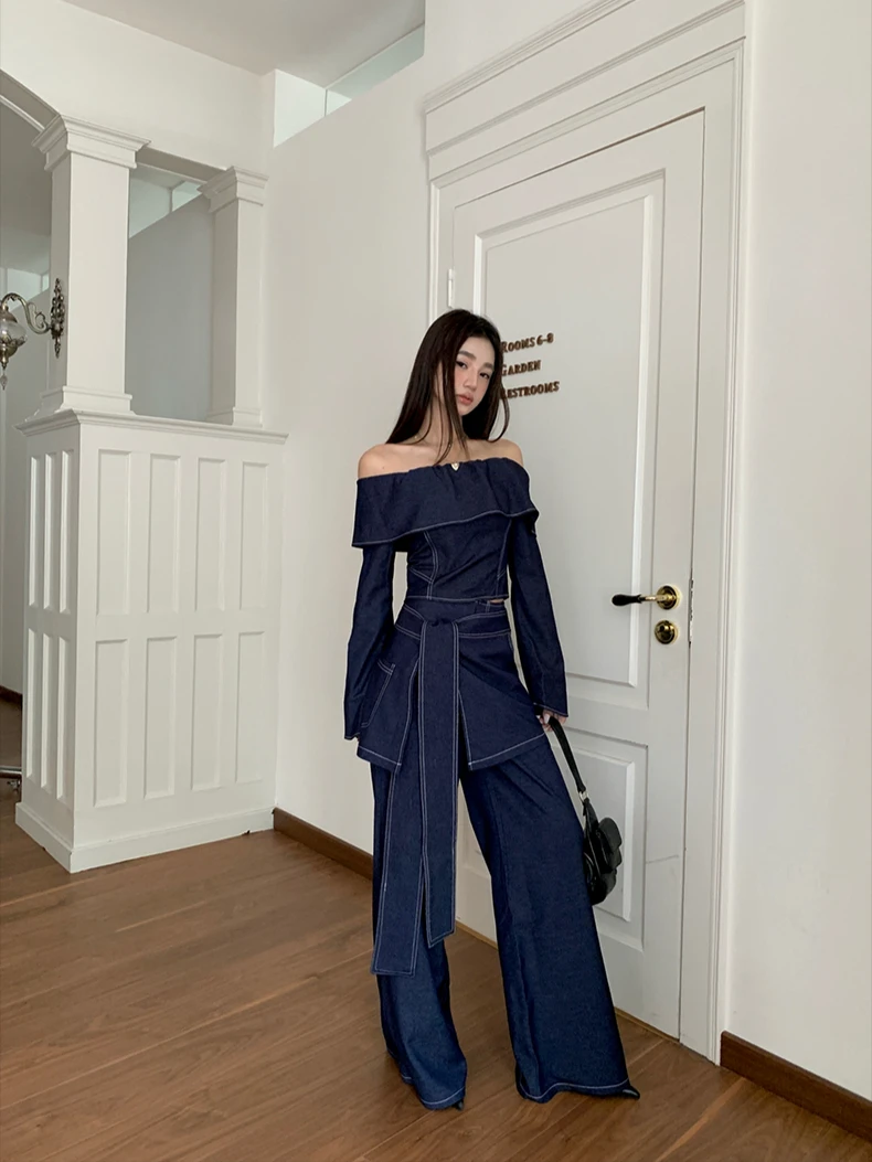 CHEERART 2 Piece Sets Women Outfit Denim Off The Shoulder Long Sleeve Top And Wide Leg Long Pants Fall Clothes 2024 Women 4