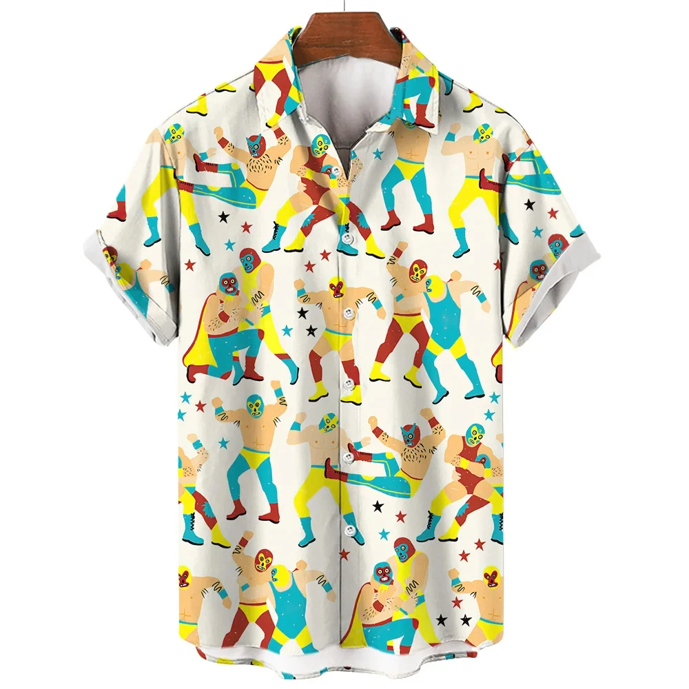 men's shirts Mexican wrestling 3D printed short sleeved shirts Summer Fashion men's clothing Loose oversized Hawaiian shirts 3
