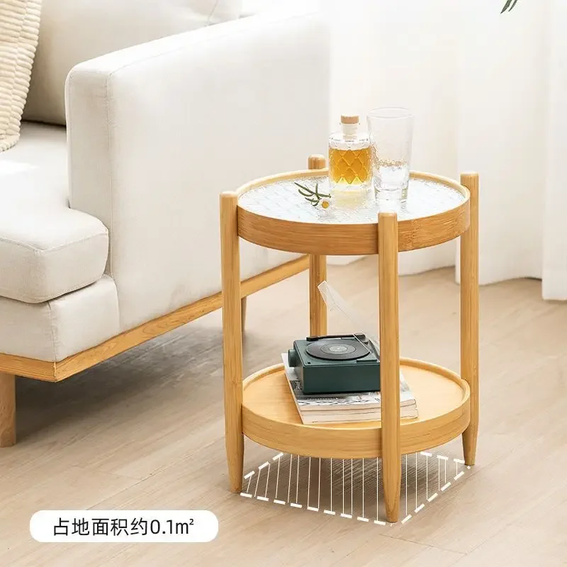 

Sofa Side Tables Living Room Small Round Tables with Crabapple Flower Glass Balcony Coffee Table Bamboo Shelf Table Corner Mesa