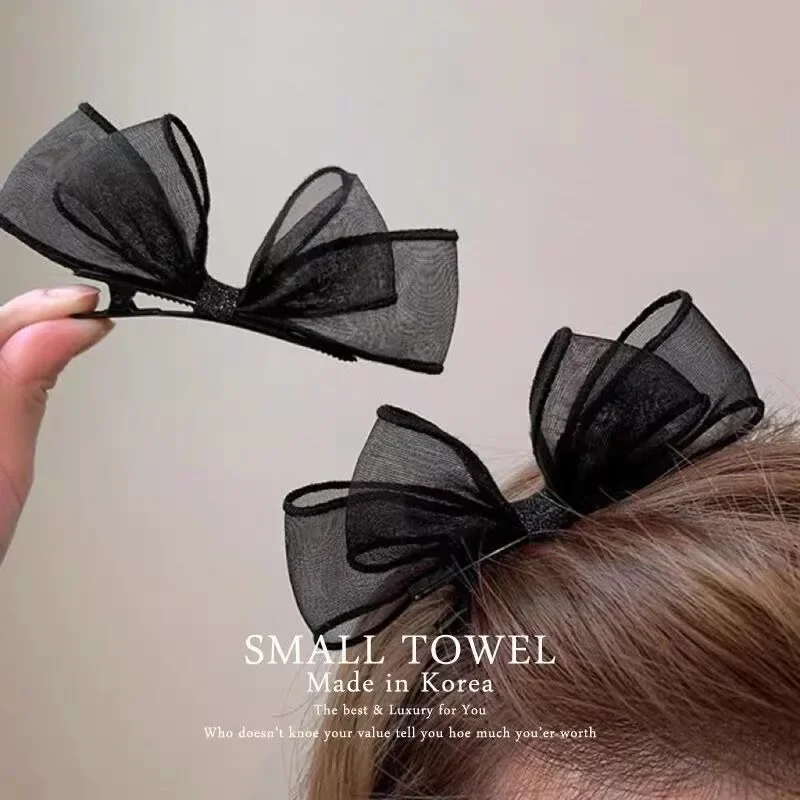 2pcs Korean Mesh Big Bow Black Hair Clip Side Bang Hair Clip Hairpin Baby Girls Headwear Cute Bow Duckbill Clip Kid Accessories