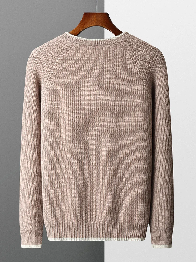 Autumn and Winter New Men's 100% Merino Wool Sweater Thickened Round Neck Knitted Hoodie Long Sleeve Solid Color Men's Wear 2