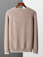 Autumn and Winter New Men's 100% Merino Wool Sweater Thickened Round Neck Knitted Hoodie Long Sleeve Solid Color Men's Wear 2