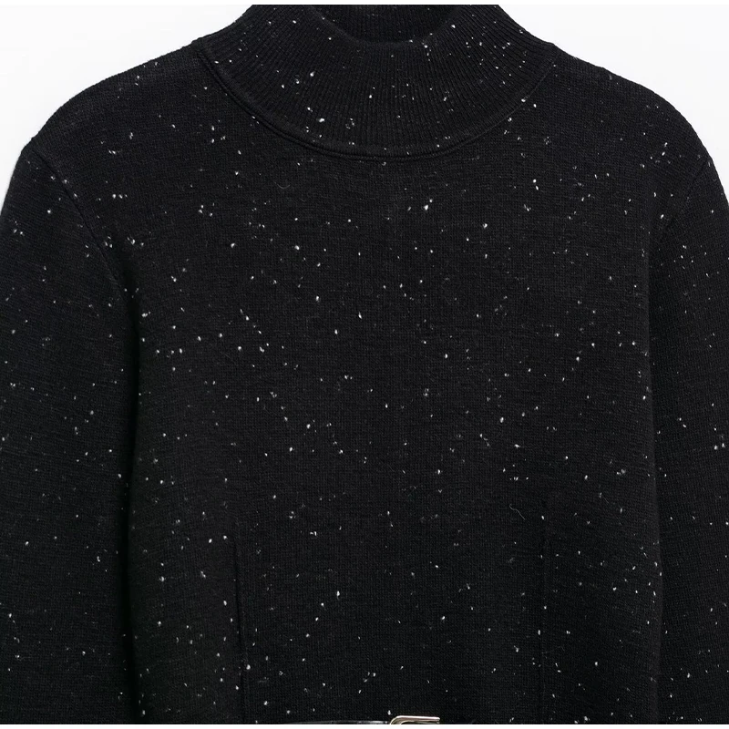 Suéter de cuello alto negro vintage para mujer, jersey de punto holgado de manga larga con cinturón, jersey suave de primavera para mujer, nuevo