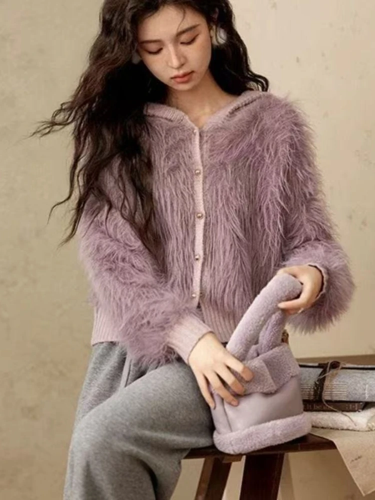 Autumn and Winter New Plush Solid Color Women's Long-sleeved Sweater Cardigan Single-breasted Elegant Hooded Knitted Jacket