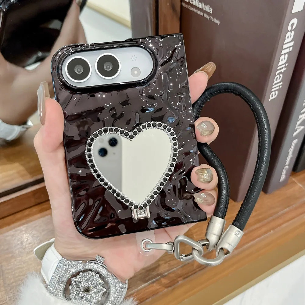 Elegant Heart Mirror Diamond Stand Case with Lanyard - Shockproof and Durable Cover