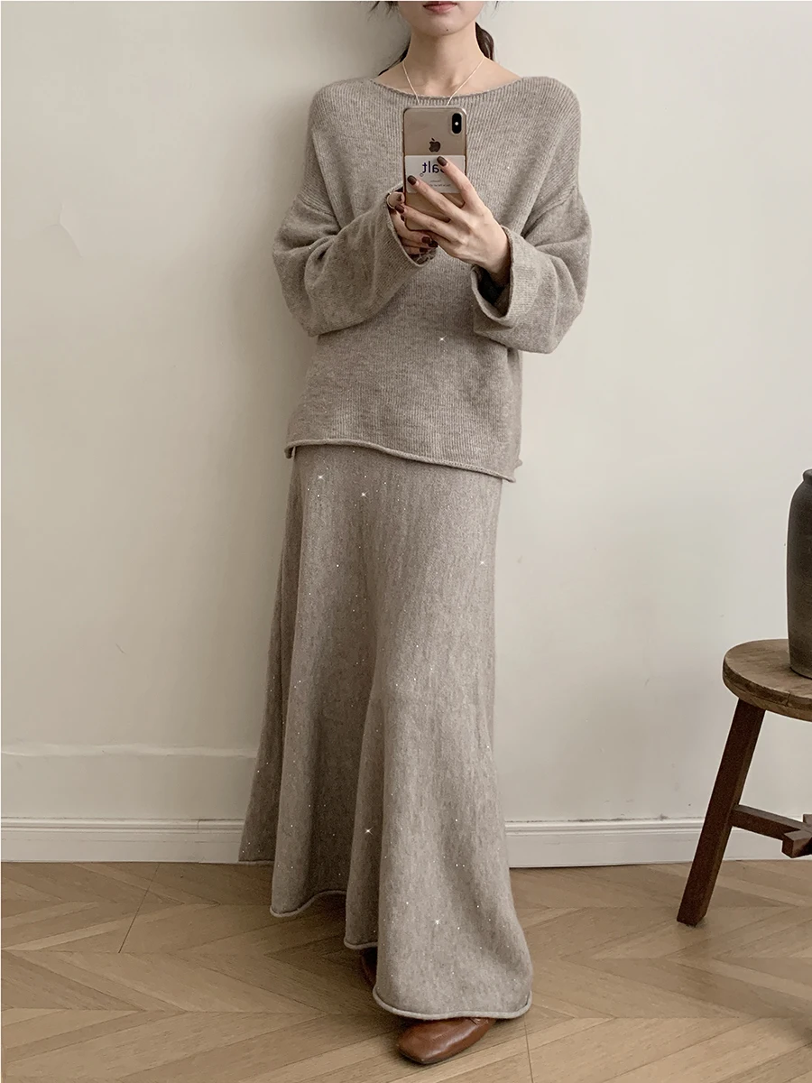 Sexy Soft Elegant Vintage Women Suits 2 Pieces Female Sets Slash Neck Sweater & Midi Dress Bling Knitted TrackSuit