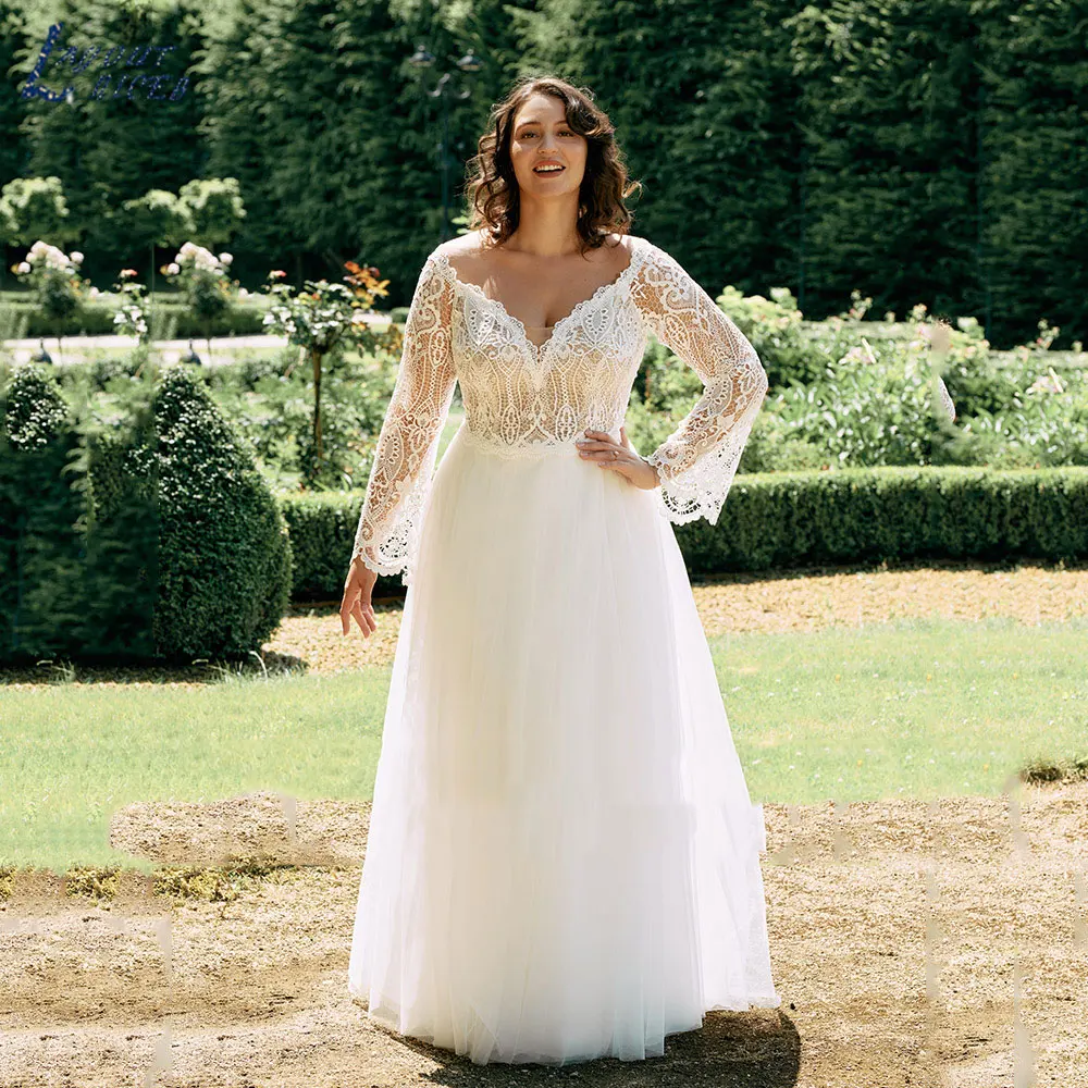 

LAYOUT NICEB Romantic Plus Size Full Sleeves Bridal Dresses 2024 Charming Tulle A-Line Wedding Gowns V-Neck Vestidos De Novia