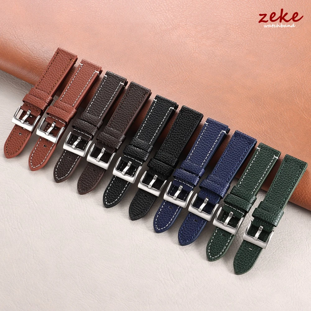 Luxury Lychee Pattern Leather Watch Band - Brown Bracelet with Elegant Stitching