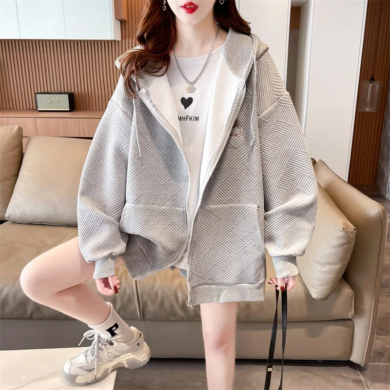 봄과 가을 얇은 능직 겉옷 후드 가디건 자수 곰 오버 핏 후드, 여성 팻 mm 배꼽 커버 슬리밍 탑 패션