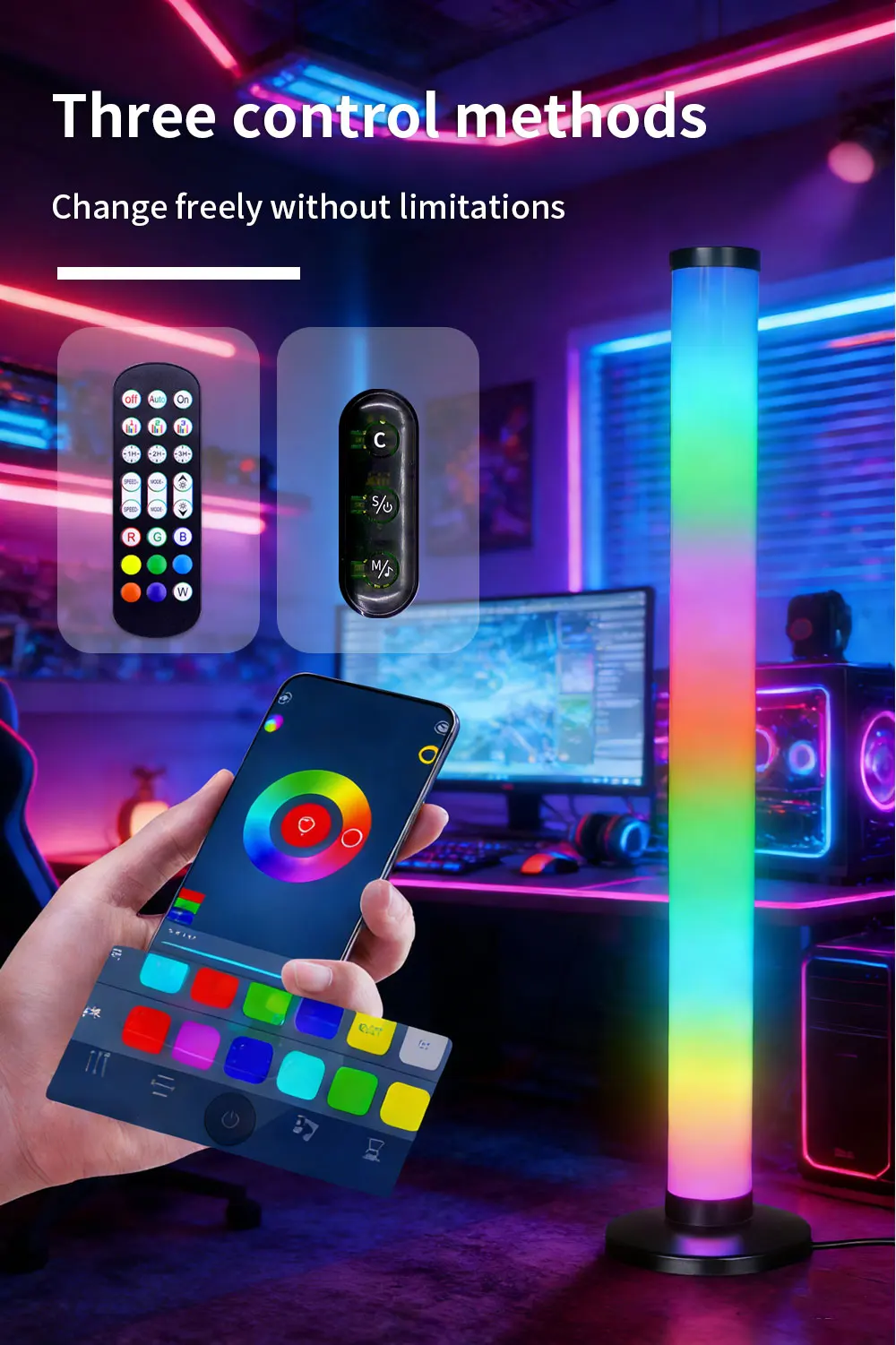 Smart RGB LED Floor Lamp Dual Use – App & Remote Control, Music Rhythm Sync Color Changing Ambient Light for Gaming Setup, Bedroom & Home Decoration