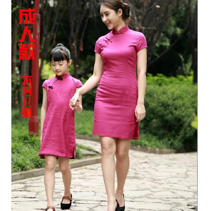 

Chinese tradition Style Cheongsam For Girl and Women Summer New Cotton Linen Evening Party Qipao Princess Dress