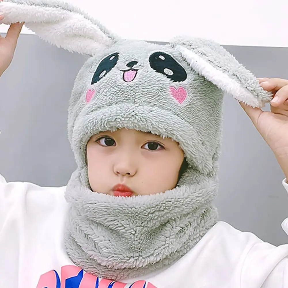 Warm Cute Rabbit Bunny Fashion Design Ear Protector Face Protection Korean Cap Children Hat Plush Hat With Bib
