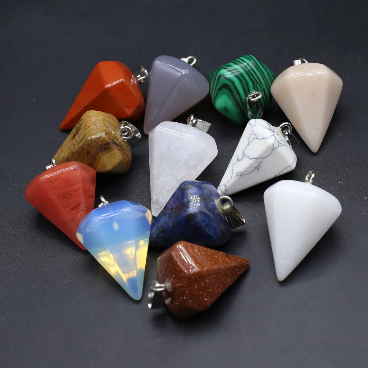 6PCS Wholesale Natural Semiprecious Stone Random Color Hexagonal Cone Pendant Jewelry Making DIY Necklace Earrings Accessories