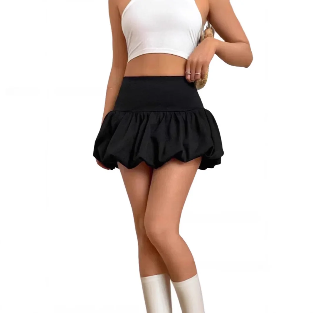 Women Ruffle Hem Ruched Puffy Short Skirt Elastic Waist Patchwork Pleated Bubble Mini Skirt Girls Cute Balloon Skirt Streetwear 5