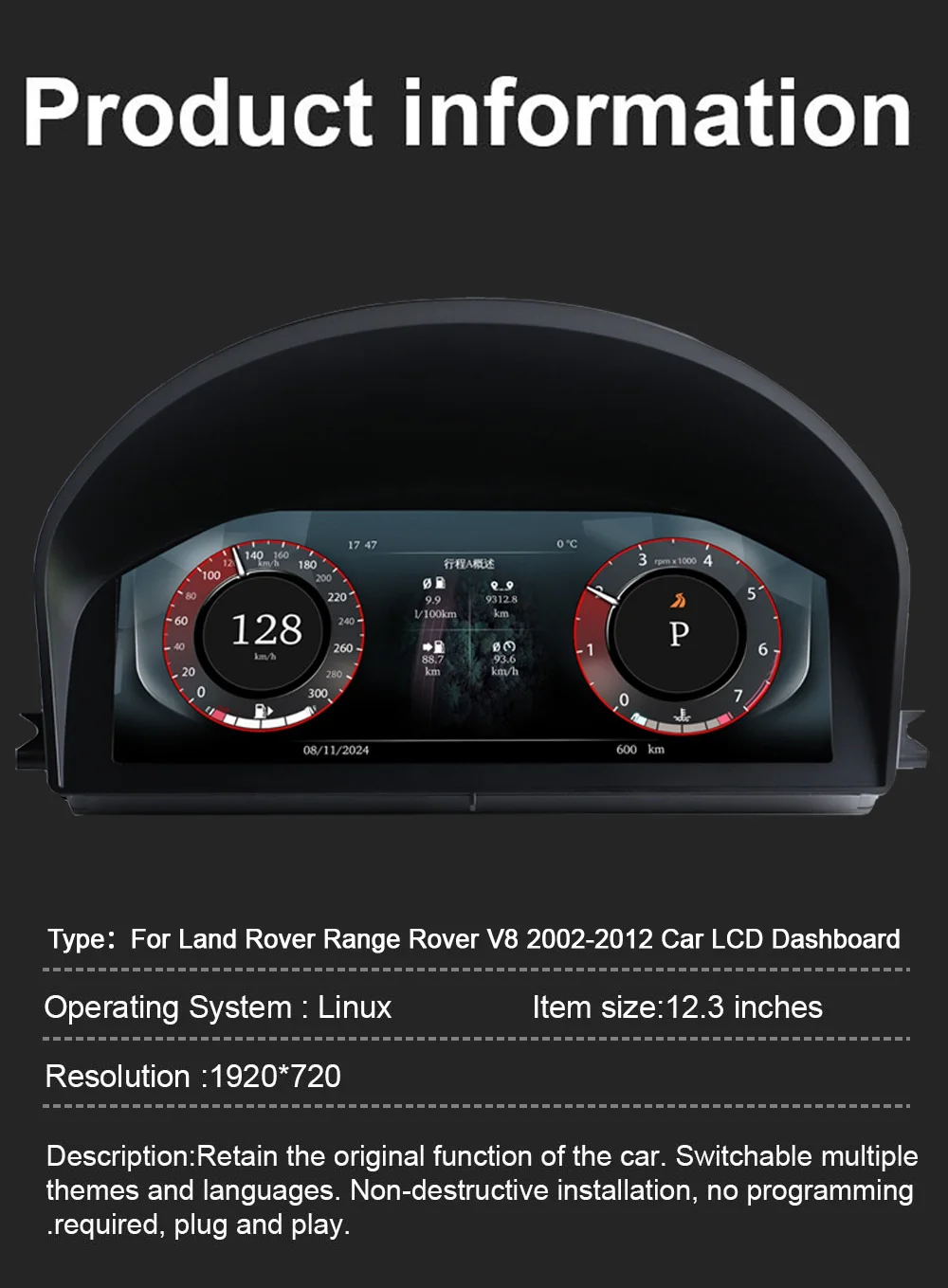Digital Instrument Cluster For Land Rover Range Rover V8 2002-2012 Speedometer,D
