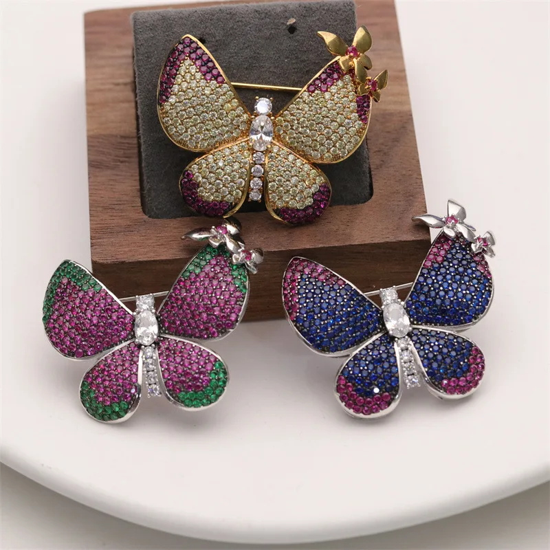 Gunmetal Gold Plated Multi Color CZ Micro Butterfly Brooch For Women
