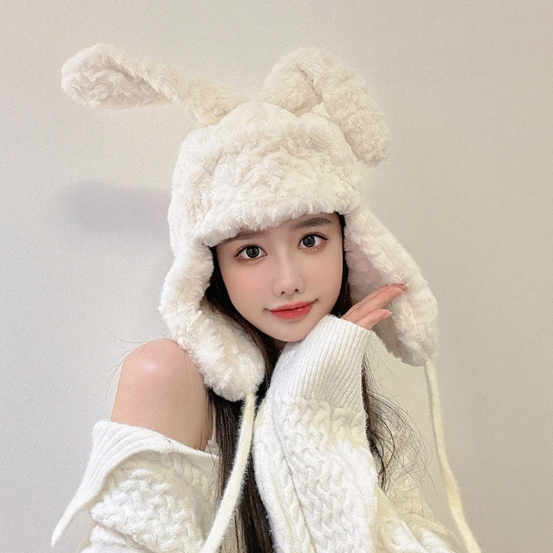 

Взрослая плюшевая шапка в форме кроличьих ушей, уличная ветрозащитная шапка для защиты ушей для девочек D46A