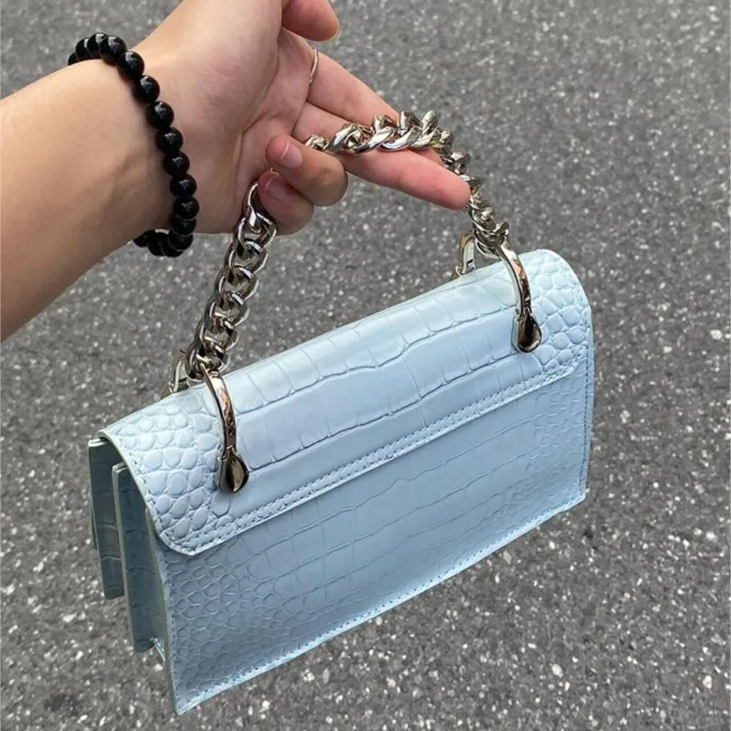 Hot Girl Blue Chain Handbag Women Faux Crocodile Pattern Square Large Capacity Shoulder Bags Ladies High End Y2k Crossbody Bag
