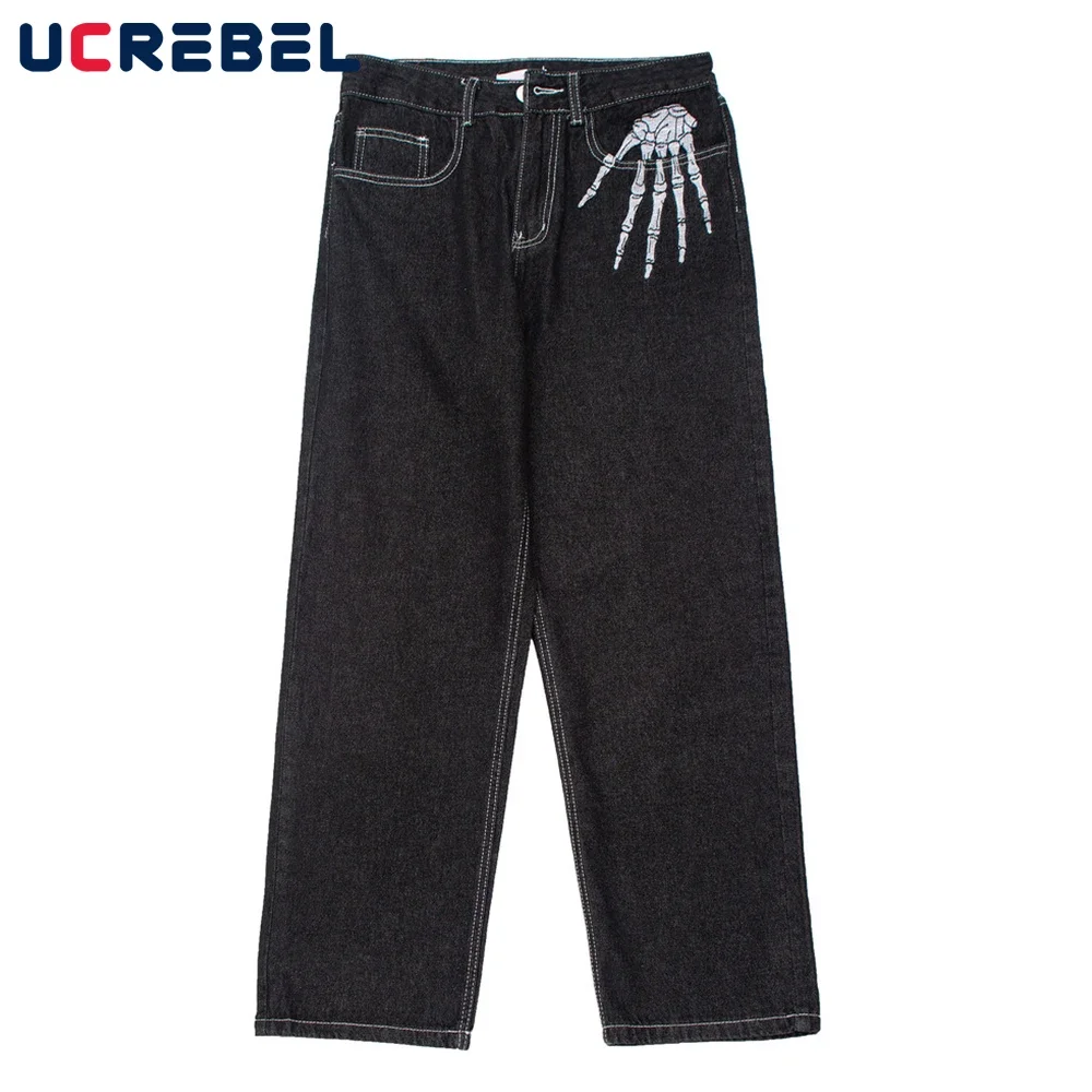 Skeleton Hand Embroidery Denim Pants Mens High Street Wide Leg Pants Streetwear Loose Casual Trousers Jeans Men 2