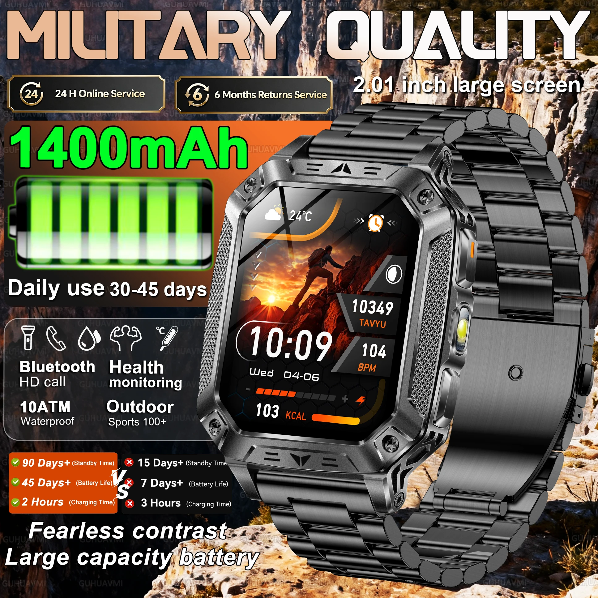 2026 New 1400mAh Large Battery Military Outdoor 2.01 inches Smart watch Men 10ATM Waterproof Bluetooth Call Sports Smart Watch 1