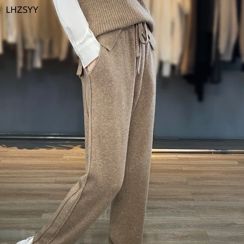 LHZSYY Autumn Winter New Women\' Cashmere High Waist Trousers Casual Loose Tight Waist Pants Draw String Straight Pants Wool Knit