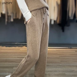LHZSYY Autumn Winter New Women' Cashmere High Waist Trousers Casual Loose Tight Waist Pants Draw String Straight Pants Wool Knit