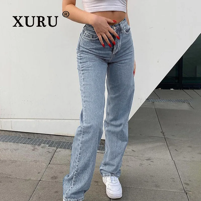 XURU-Europe and The United States New High-waisted Printed Jeans Women's, High Street Straight Pants Long Jeans N7-FF65742