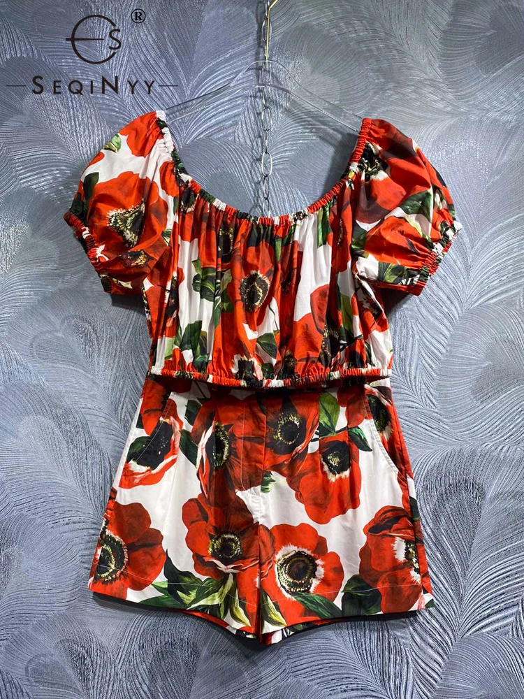 

SEQINYY 100% Cotton Suit Summer Spring New Fashion Design Women Runway Crop Top Puff Sleeve + Shorts Vintage Red Flower Print