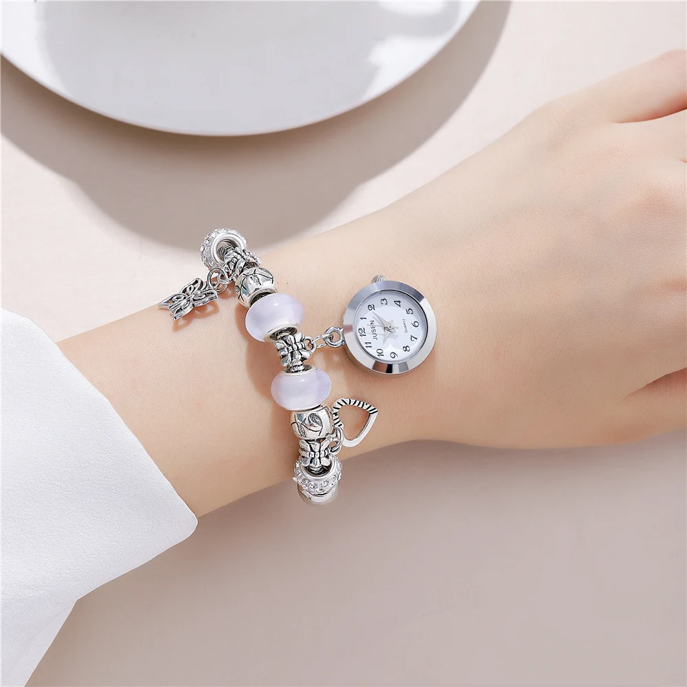 Rhinestone beaded bracelet Love butterfly Pendant Women's bracelet watch 4
