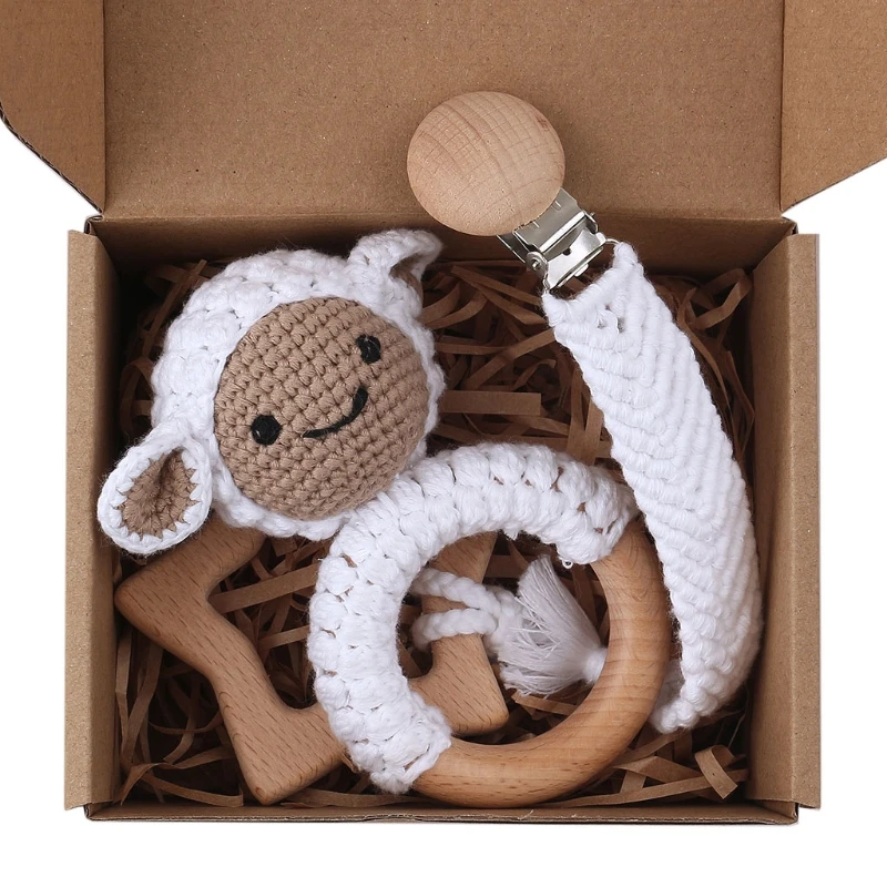 

1 Set Baby Newborn Wooden Star Teether Pacifier Clip Chain Nipple Holder DIY Crochet Lamb Rattle Infants Teething Toy
