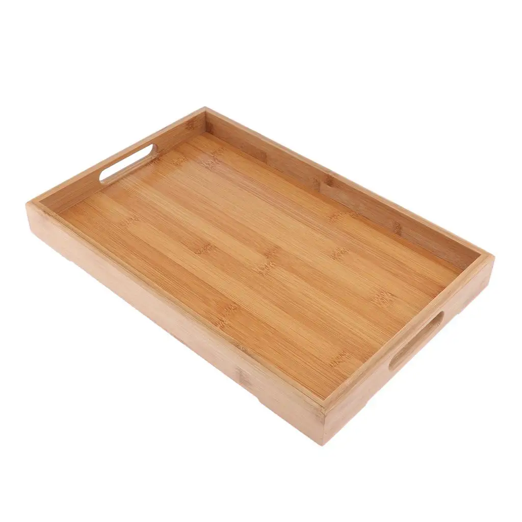 Natural Bamboo Wooden Serving Tray Food Tea Fruit Dinner Tray with Handles for Holding Utensils Teapot Teacups