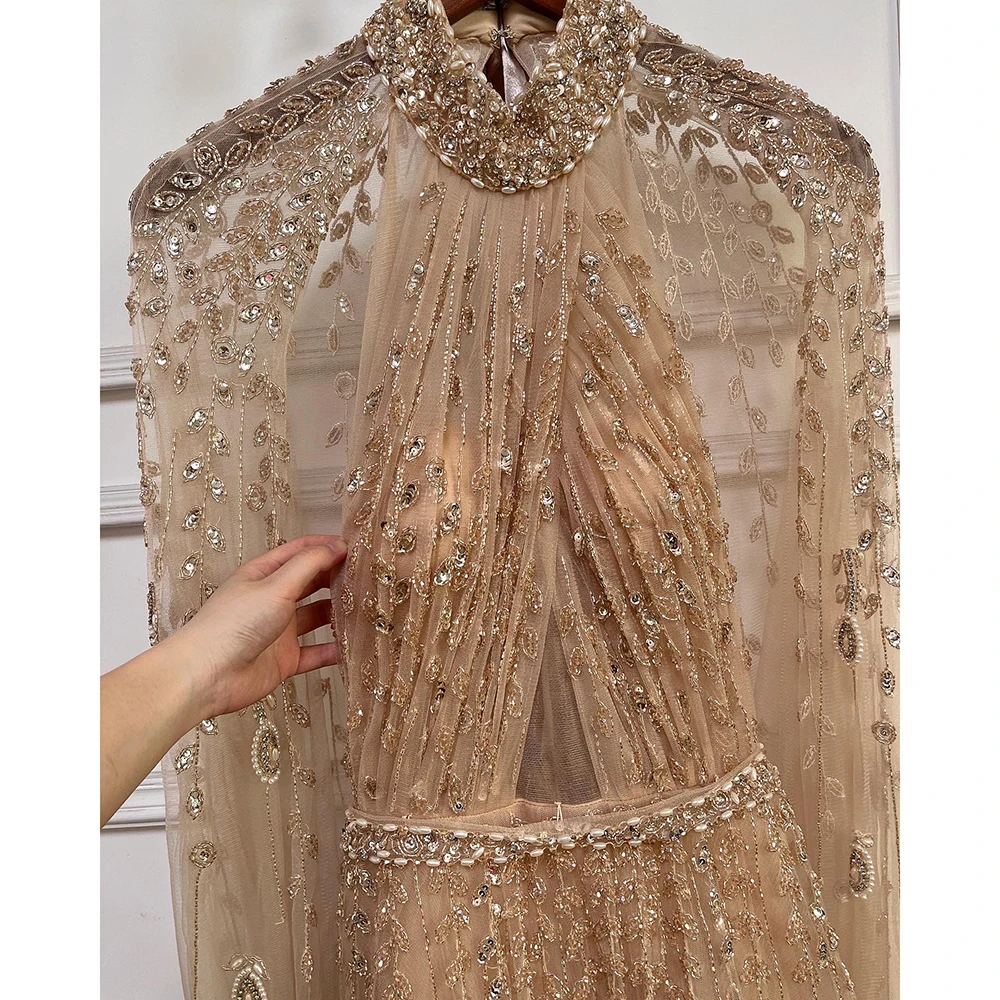 Serene Hill Dubai Arabic Luxury Nude A Line Beaded Evening Dresses With Cape Sleeves Gowns For Women  Wedding Party 2023 LA71803