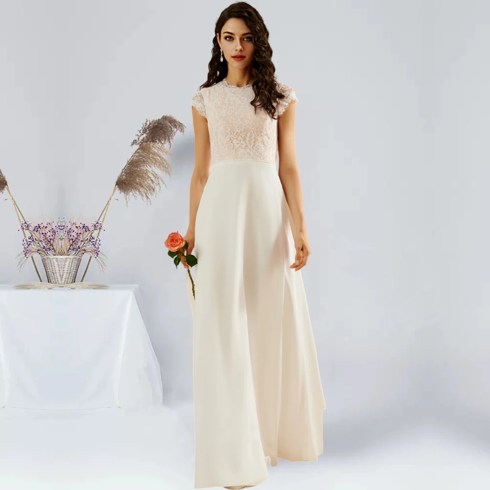 

Шифоновое кружевное свадебное платье до пола, трапециевидного силуэта